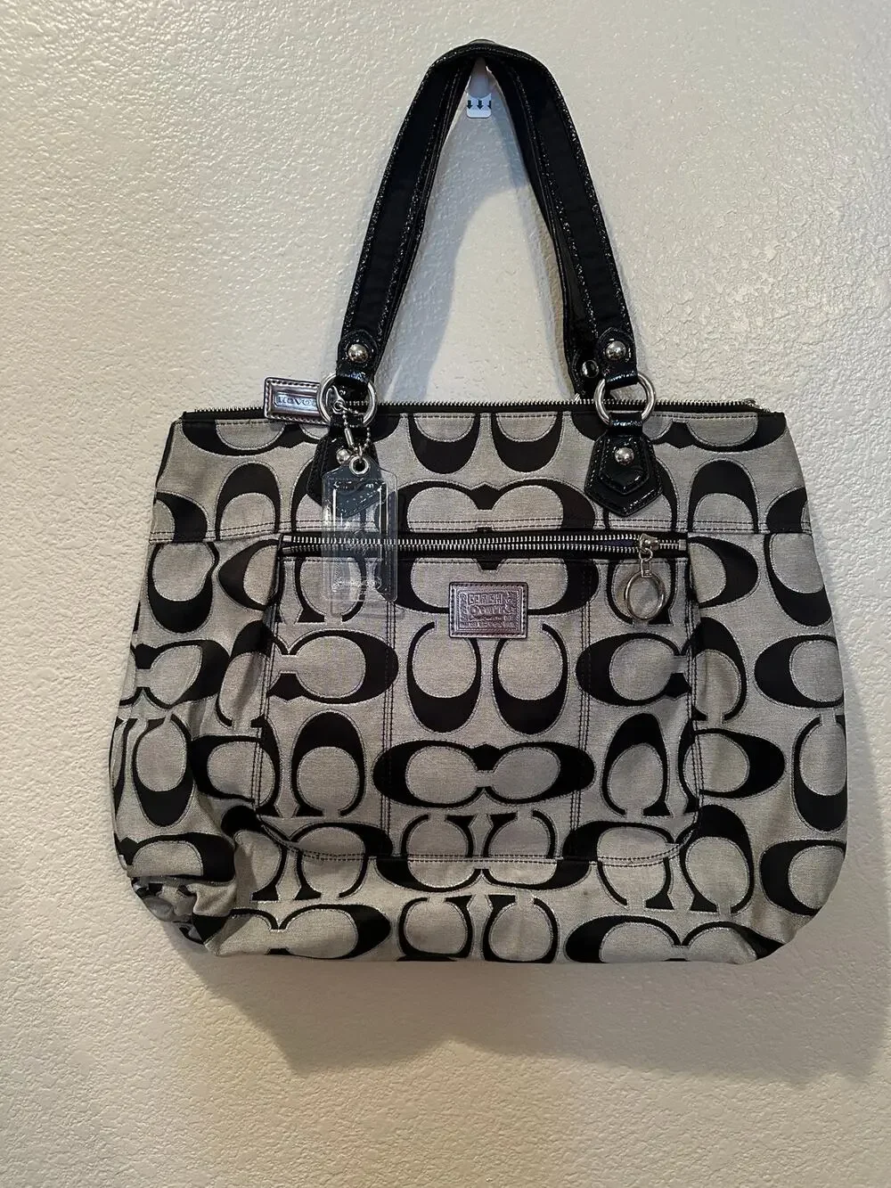 COACH Poppy Metallic Lurex Glam Signature Black n Grey Canvas Tote Shoulder Bag